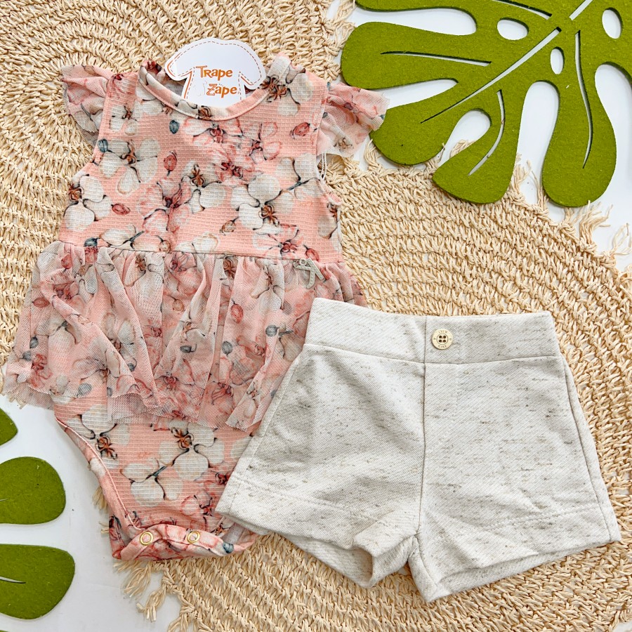 Conj. Body Floral  e Short em Linho - Salmão